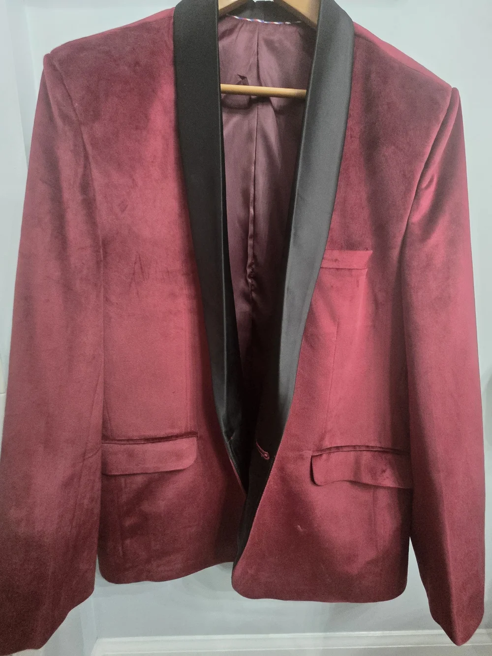 Men's Burgundy Velvet Blazer with Black Satin Shawl Lapel (USED ONCE / LIKE NEW)